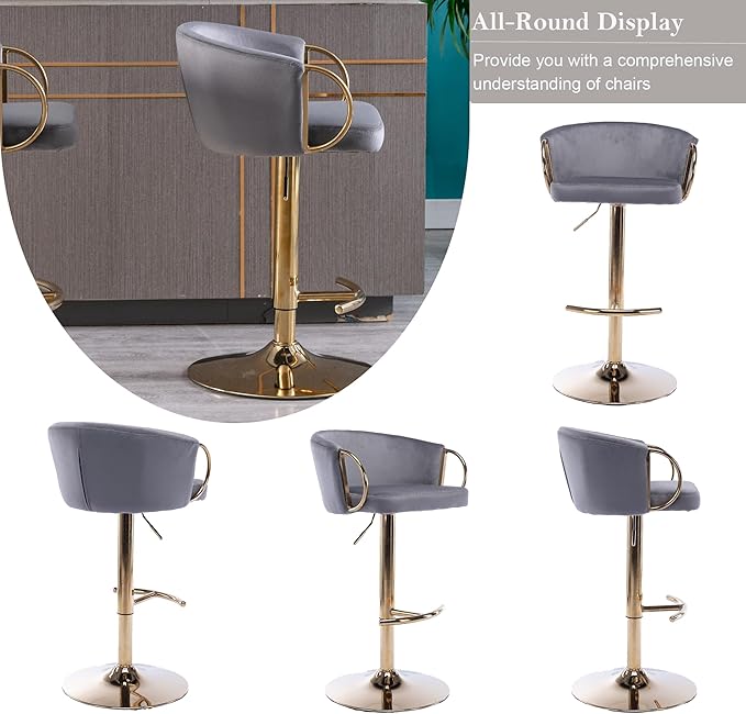 Rhomtree 24-32 Inch Swivel Bar Stools, Adjustable Counter Height Barstools with Gold Stable Metal Frame Footrest, Upholstered Bar Chairs for Home Bar Kitchen Island(Gray Set of 2)