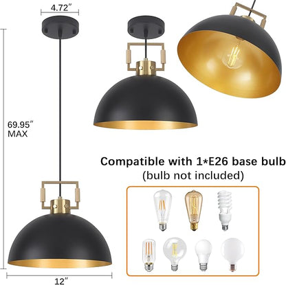Matte Black Farmhouse Pendant Light 2 Pack Adjustable Height Vintage Hanging Industrial Ceiling Lights Fixture for Kitchen Island Hallway Dining Room Dome Chandelier Modern Pendant Lighting 12''