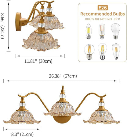 Vintage Bathroom Vanity Light Fixtures - 3 Light Antique Brass Bathroom Lights Fixture Over Mirror with Amber Flower Glass,Retro Brushed Gold Bronze Wall-Mounted Vanity Lighting for Powder Room