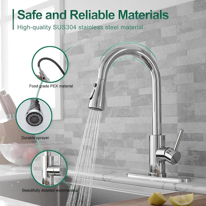 VOTON Kitchen Faucet with Pull Down Sprayer, Chrome Kitchen Faucets Modern Single Handle High Arc Pull Out Kitchen Sink Faucet 1 or 3 Hole, Faucet for Farmhouse Camper Rv Kitchen Bar Laundry