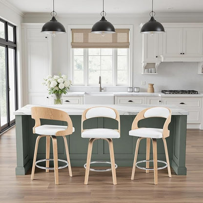 Shelly Modern Counter Height Swivel Bar Stool in Patterned Oak Finish with White Faux Leather Upholstered Seat Set of 2