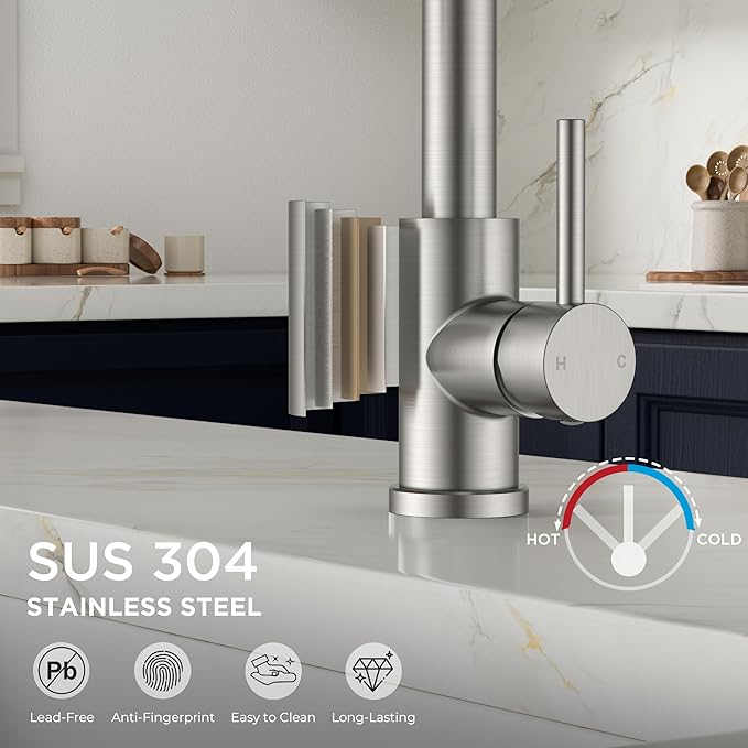 Kitchen Sink Faucet with Pull Down Sprayer, Brushed Nickel Stainless Steel Kitchen Faucets Classic High Arc Single Handle with Deck Plate for 1 or 3 Hole, Fit for Farmhouse Bar Laundry Camper