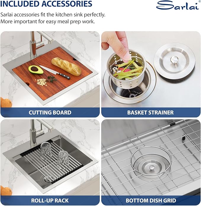Sarlai Drop In Kitchen Sink 18 Inch Bar Sink Small Drop In Workstation 18x18 Inch Topmount Stainless Steel 16 Gauge Single Bowl Bar Prep RV Outdoor Sinks Basin with Assessories