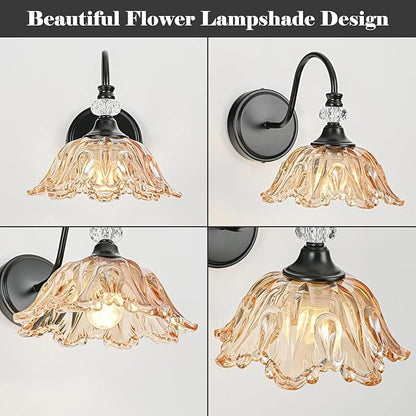 Black Wall Sconces with Floral Amber Glass Shades, Black Farmhouse Wall Mount Lighting for Bathroom,Vintage Bathroom Vanity Light Fixtures