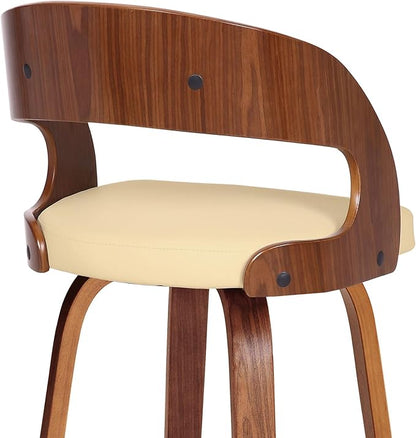 Armen Living Shelly 30" Bar Height Swivel Cream Faux Leather and Walnut Wood Bar Stool - Set of 4
