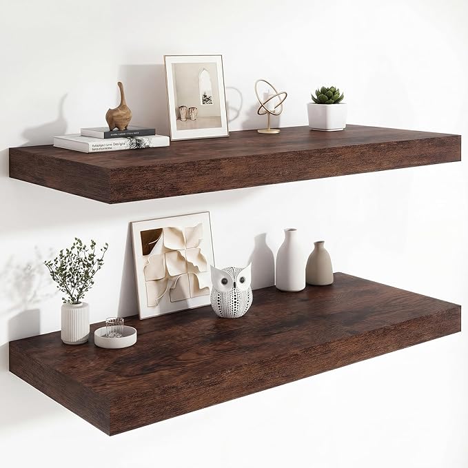 Heimlove 12" Deep Floating Shelves, 36 x 12 Inch Wall Mounted Long Floating Shelf with Invisible Brackets, for Home Decor, Bedroom, Kitchen, Living Room, Bathroom - 2 Pack, Rustic Brown