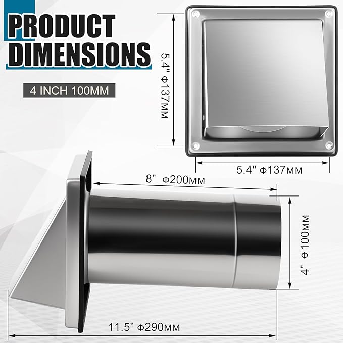 Gisafai 4" Dryer Vent Cover Outside with Stainless Steel Guard Outdoor Wall Dryer Exhaust Vent Cap with Removable Extension Pipe, Non-return Flap and Sealing Gasket Grille Screen