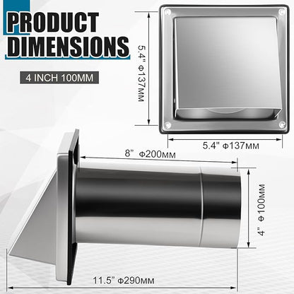 Gisafai 4" Dryer Vent Cover Outside with Stainless Steel Guard Outdoor Wall Dryer Exhaust Vent Cap with Removable Extension Pipe, Non-return Flap and Sealing Gasket Grille Screen