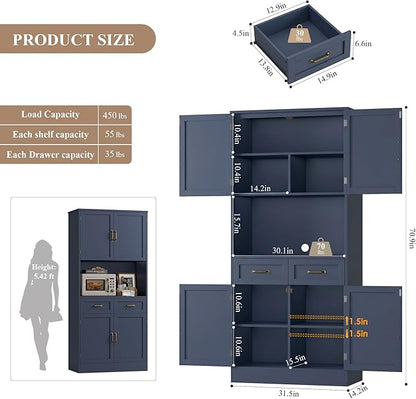 HOSTACK 71“ Tall Kitchen Pantry Storage Cabinet, Modern Kitchen Hutch Bar Cabinet with Microwave Stand, Wood Buffet Sideboard with Hutch, Cupboard with Drawers, Shelves for Dining Room, Blue