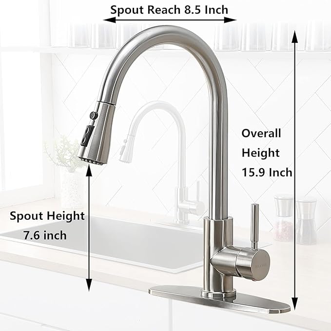 Kitchen Faucet with Pull Down Sprayer, Brushed Nickel Stainless Steel Kitchen Sink Faucet, Single Handle 1 or 3 Hole Pull Out Sink Faucet for Bar Laundry RV Farmhouse, RC-KYT010L-D