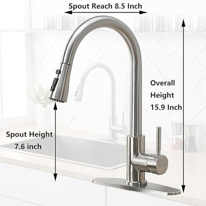 Kitchen Faucet with Pull Down Sprayer, Brushed Nickel Stainless Steel Kitchen Sink Faucet, Single Handle 1 or 3 Hole Pull Out Sink Faucet for Bar Laundry RV Farmhouse, RC-KYT010L-D