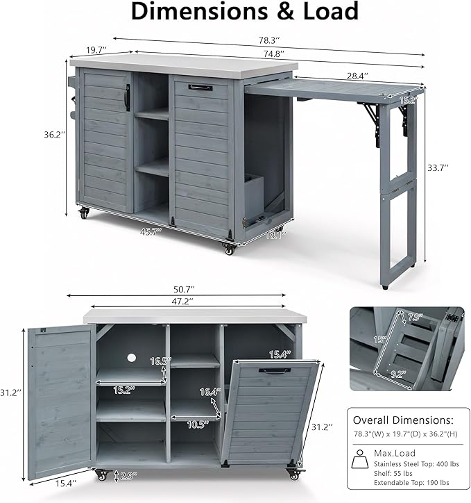 78.3" Outdoor Kitchen Island with Foldable Grill Table & Storage, Wooden Cart with Stainless Steel Top, Trash Can Holder, Bar Cart for Patio Lawn Garden (78.3"+Grey Blue)