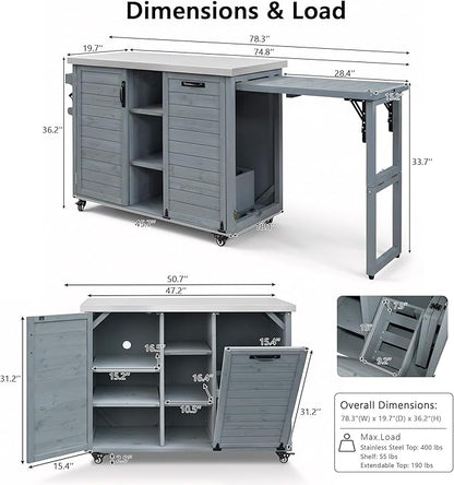 78.3" Outdoor Kitchen Island with Foldable Grill Table & Storage, Wooden Cart with Stainless Steel Top, Trash Can Holder, Bar Cart for Patio Lawn Garden (78.3"+Grey Blue)