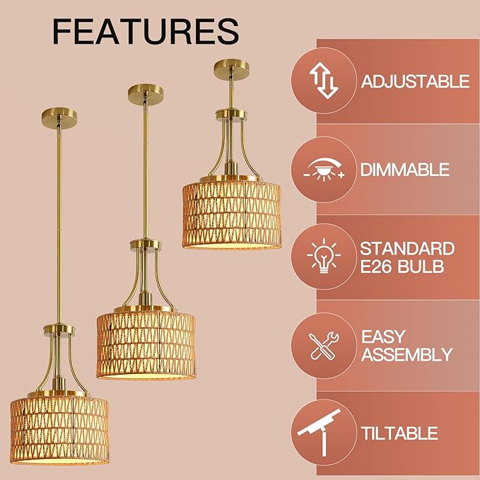 11.8" Modern Boho Rattan Gold Pendant Light Adjustable Rod Vintage Farmhouse Drum Fabric Pendant Light Fixture Woven Bamboo Wicker Pendant Lights for Kitchen Island, Dining Room, Bedroom