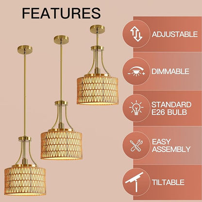 11.8" Modern Boho Rattan Gold Pendant Light Adjustable Rod Vintage Farmhouse Drum Fabric Pendant Light Fixture Woven Bamboo Wicker Pendant Lights for Kitchen Island, Dining Room, Bedroom