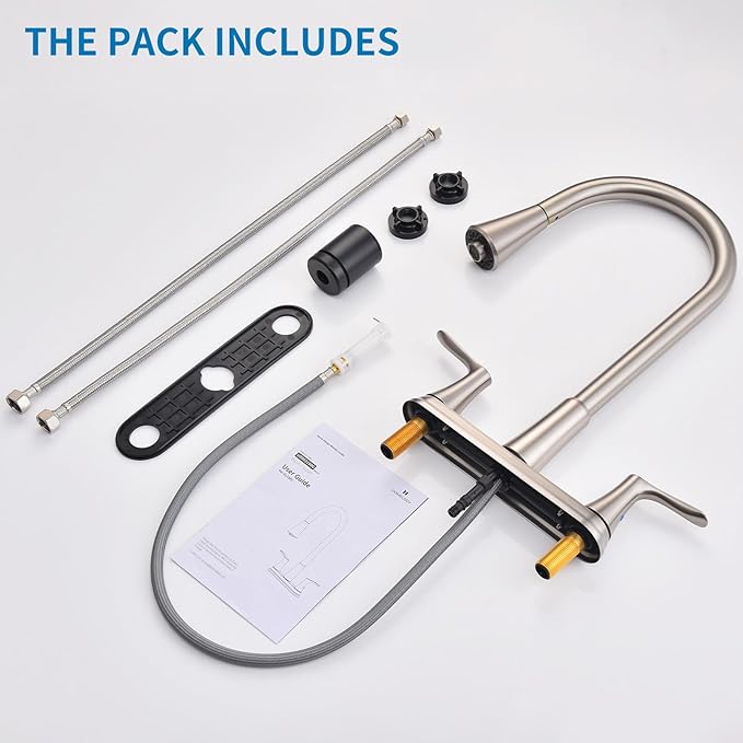 HOMELODY 2 Handles Kitchen Faucet with Pull Down Sprayer for 3 Hole Sink, 8 inch 360° Rotating Spout Centerset Kitchen Sink Faucet with Water Lines Brushed Nickel