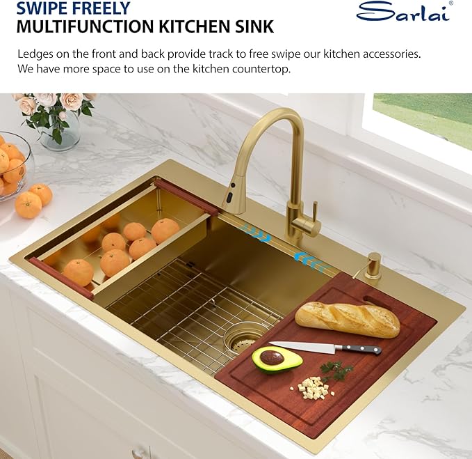 Sarlai 36 Gold Drop In Sink - 36x22 Inch Drop In Kitchen Sink Gold Ledge Workstation Sinks 16 Gauge Stainless Steel Single Bowl Topmount Sinks Basin