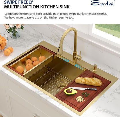 Sarlai 36 Gold Drop In Sink - 36x22 Inch Drop In Kitchen Sink Gold Ledge Workstation Sinks 16 Gauge Stainless Steel Single Bowl Topmount Sinks Basin