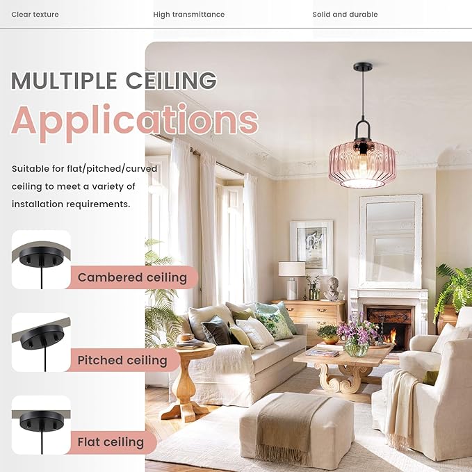 Lighting Mid Century Modern Pendant Lighting Large Glass Shade Pink Globe Pendant Lights Kitchen Ceiling Hanging Light Farmhouse Vintage Hanging Lights Adjustable Cord Light Fixture