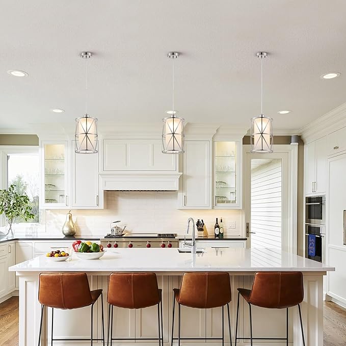 Pendant Lights Kitchen Island with Frosted Glass, Brushed Nickel Hanging Kitchen Lights, Cylindrical Modern Pendant Light, Kitchen Pendant Lighting Over Island, Foyer, Dining Room, Entryway