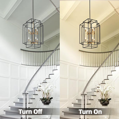 8-Lights Tiered Lantern Pendant Light, Black and Gold Farmhouse Chandelier, Industrial Large Chandeliers for High Ceiling, Modern Foyer Lighting Fixture, for Living Room Entryway Staircase