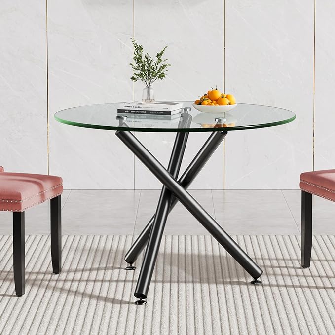 Glass Dining Table,36'' Round Dining Kitchen Table,Modern X-Design Dining Room Table with Black Metal Base for Dining Room