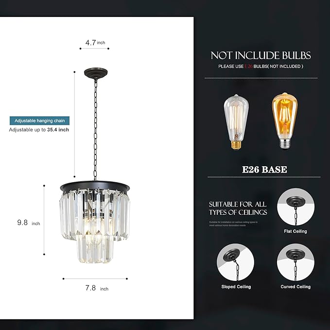 Modern Mini Crystal Chandeliers Small Pendant Light Contemporary Ceiling Pendant Light Fixture for Dining Room, Bedroom, Kitchen Island Entryway 8 Inches, Black