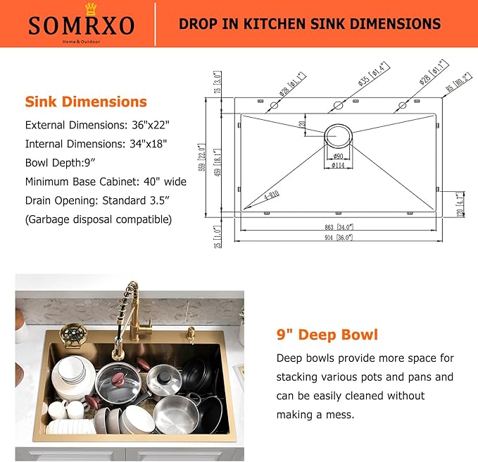 36×22 Drop In Kitchen Sink with Faucet Combo-Stainless Steel Gold Drop In Sink with Cup Washer, 9 Inch Deep Single Bowl Kitchen Sinks and Faucets Combo Set,Top Mount Design for Modern Kitchens