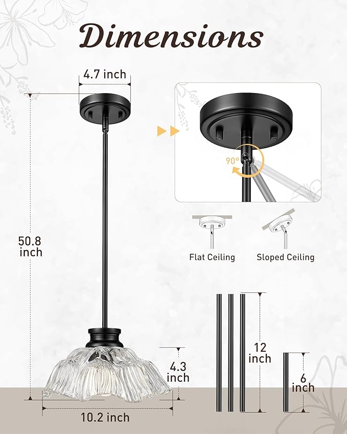 Modern Pendant Lights Kitchen Island, HWH Hanging Light Fixture Set of 2, 10 Inch Pendant Light Fixtures Ceiling with Clear Flower Glass, Matte Black Finish, 5HJX112MIL-2PK BK