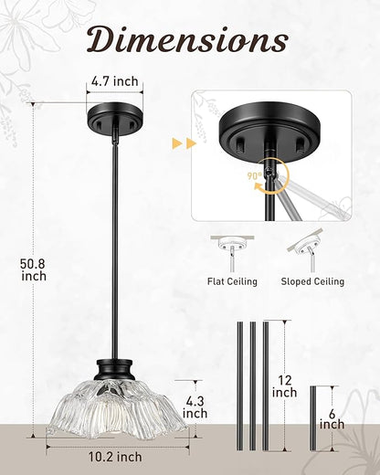 Modern Pendant Lights Kitchen Island, HWH Hanging Light Fixture Set of 2, 10 Inch Pendant Light Fixtures Ceiling with Clear Flower Glass, Matte Black Finish, 5HJX112MIL-2PK BK