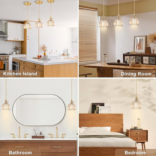 Mini Pendant Lights Kitchen Island 3 Pack, Small Adjustable Pendant Light Fixture with Amber Tulip Glass Lampshade, Vintage Gold Pendant Lighting, Pendant Light for Bedroom Dining Room Hallway
