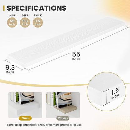 Acovy 55 Inch Floating Shelves, 9.3" Deep Floating Shelf Wall Mounted, 56" Wall Shelves, Rustic Deep Bookshelf, Large Display Shelves & Storage Shelves for Bedroom, Living Room, White, Set of 2