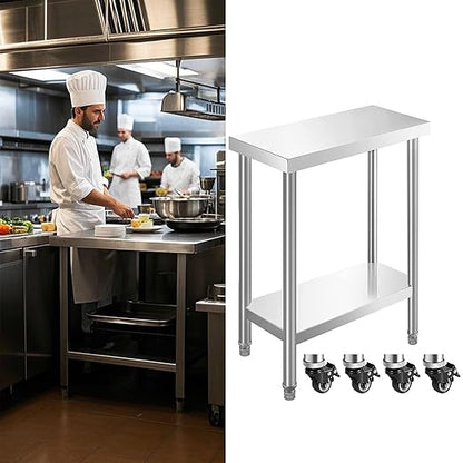 NSF Stainless Steel Table for Prep & Work with Caster 24x12 Inches, Metal Commercial Kitchen Table with Under Shelf and AdjustableTable Foot for Restaurant, Home and Hotel
