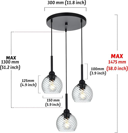 3 Light Black Cluster Pendant Light with Striped Swirl Globe Glass Pendant Lighting for Kitchen Island, Modern Dining Room Light Fixtures Over Table Hanging Ceiling Light, E26 Base