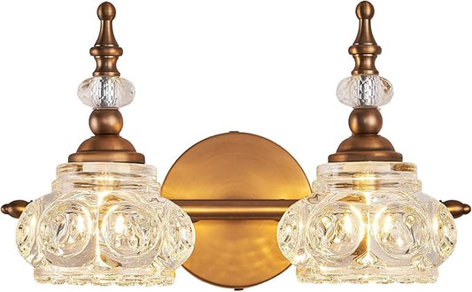 Bathroom Vanity Light Fixtures, 2-Light Vintage Crystal Bathroom Lighting, Matte Brushed Antique Brass Finish, Vintage Wall Sconce Light with Crystal Glass Shade