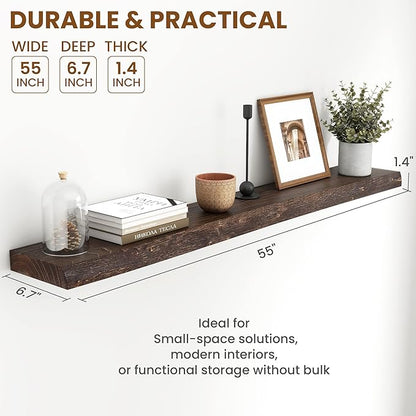 55 Inch Long Floating Shelves for Wall, Live Edge Floating Shelf Wall-Mounted for Bedroom Kitchen Living Room, Real Solid Elm Wood Wall Shelf with Heavy-Duty Bracket for Books Decor Storage, Walnut