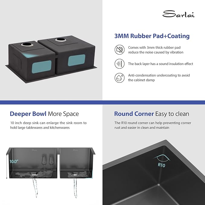 Sarlai 33 Black Kitchen Sink - 33 inch Undermount Kitchen Sink Double Bowl Gunmetal Black 16 Gauge Stainless Steel Double Sinks 60/40 Undermount Basin