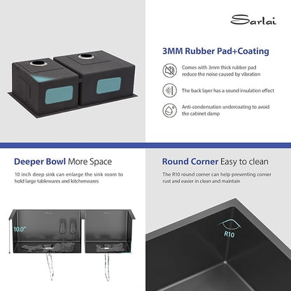 Sarlai 33 Black Kitchen Sink - 33 inch Undermount Kitchen Sink Double Bowl Gunmetal Black 16 Gauge Stainless Steel Double Sinks 60/40 Undermount Basin