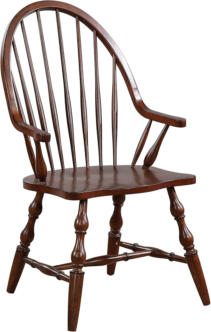 Sunset Trading Andrews Windsor Spindleback Dining Chair with Arms | Fully Assembled Kitchen Armchair| Modern Farmhouse Minimalist Country Cottage | Distressed Chestnut Brown Solid Wood