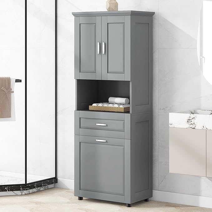 Merax 70" Tall Storage Cabinet with Laundry Hamper, 1 Drawer and Adjustable Shelf, Freestanding for Bathroom, Grey