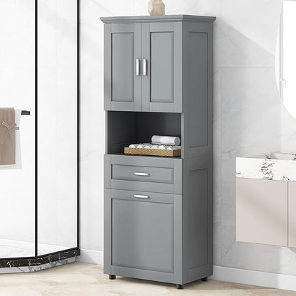 Merax 70" Tall Storage Cabinet with Laundry Hamper, 1 Drawer and Adjustable Shelf, Freestanding for Bathroom, Grey
