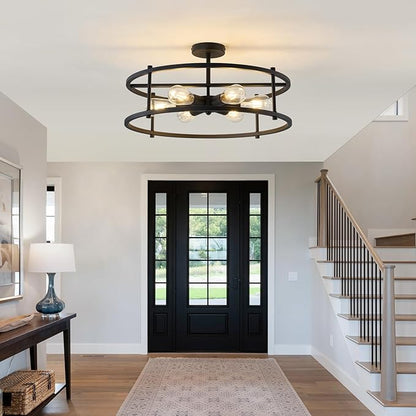 hesoge Large Semi Flush Mount Ceiling Light Fixture Black Cage Ceiling Light 6 Light Chandelier for Kitchen Dining Room Entryway Living Room Bedroom Foyer