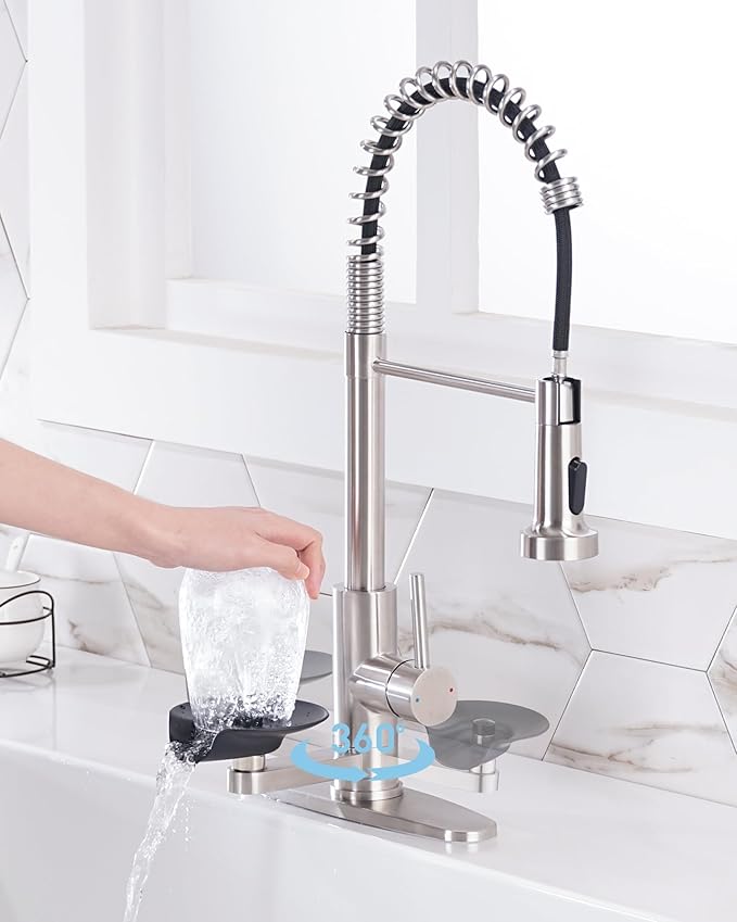 Kitchen Sink Fuacet with Glass Rinser, Single Handle Kitchen Faucet with Pull Down Sparyer, 304 Stainless Steel, Deck Plate, Brushed Nickel