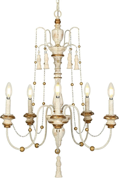 LALUZ Farmhouse Chandelier, 5-Light Distressed Wood Chandeliers for Dining Room, French Country Lighting Lights Fixtures with Bead Strings, 21.5" L x 30" H