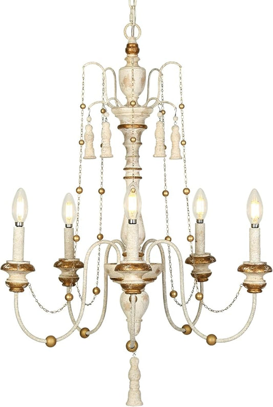 LALUZ Farmhouse Chandelier, 5-Light Distressed Wood Chandeliers for Dining Room, French Country Lighting Lights Fixtures with Bead Strings, 21.5" L x 30" H