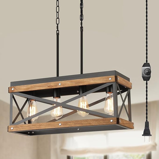 Rustic Farmhouse Plug in Kitchen Island Lighting, 4 Lights Rectangular Pendant Light Fixture with Adjustable Chain, Dimmable Switch, Oak Wood and Metal Linear Chandelier for Dining Room Home, Black