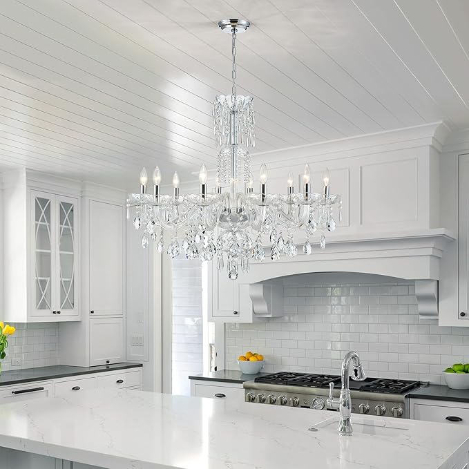 WUZUPS 10-Light Crystal Candle Chandelier Pendant Ceiling Light Modern Lighting Fixture for Bedroom Hallway Bar Kitchen Bathroom, H 26.7" W 33.9", E12 Base, Chrome