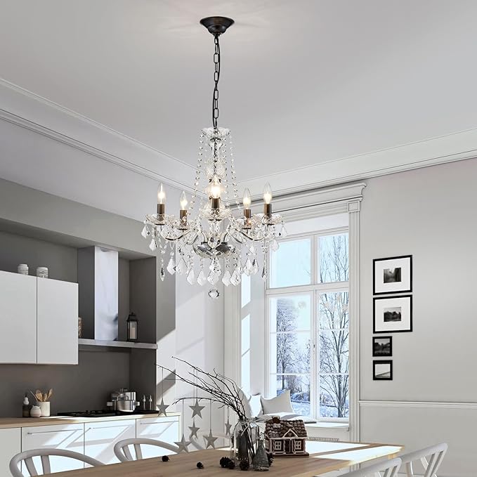WUZUPS Crystal 5-Light Candle Chandelier Pendant Flushmount Ceiling Light Modern Lighting Fixture for Bedroom Hallway Bar Kitchen Bathroom, H 25" x W 20", Black, E12 Base