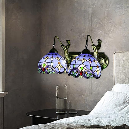 Wall Sconce Lighting with Mermaid 2-Light Antique Wall Light Fixture Stained Glass Bowl Shade Bronze Finish Retro Vintage Wall Lamp for Bedroom Hallway Stairway Balcony Bathroom (Blue)