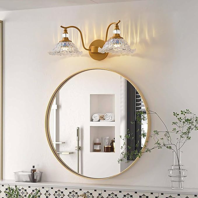 Vintage Bathroom Vanity Light Fixtures - 2 Light Iridescent Flower Glass Antique Brass Bathroom Lights Fixture Over Mirror,Retro Brushed Gold Bronze Wall-Mounted Vanity Lighting for Powder Room